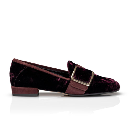 Indulge in luxurious comfort and style with our PG Bordeaux velvet loafers, designed to elevate your wardrobe. Experience the perfect blend of velvet and leather in these flat loafers, complete with an oversized strap and Button and square toe for a modern, chic look. Add a touch of elegance to any outfit with these versatile and alluring shoes.