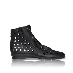 Contemporary summer ankle boot Super soft leather upper Unique perforated upper Secure ankle back zip Ultra padded insole Striking design  100% breathable Flexible latex sole 11.5cm shaft 2.5cm heel height Made in France